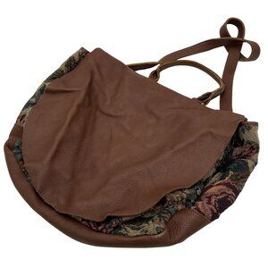 Vintage Brown Leather & Floral Tapestry Shoulder Bag With Adjustable Strap